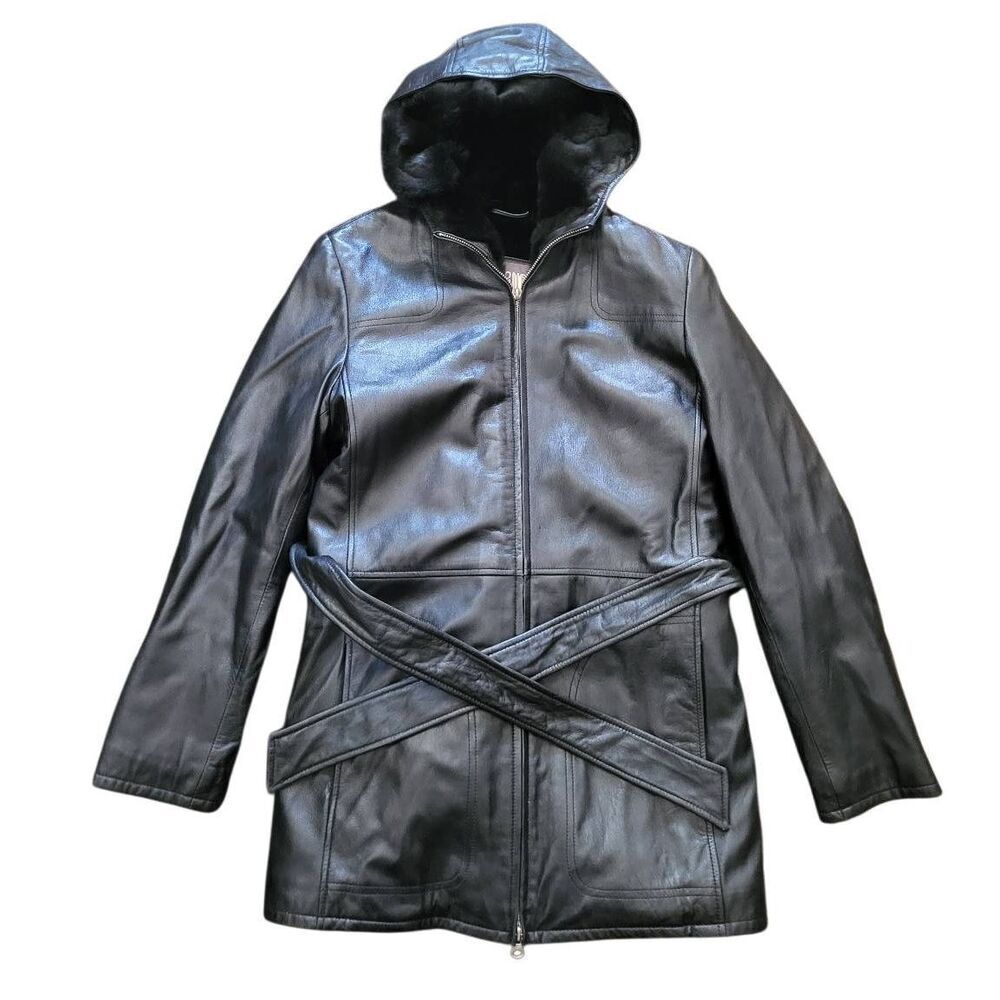 Wilson's Leather Coat Women's Medium Black Leather Belted Hooded Faux Fur Lined